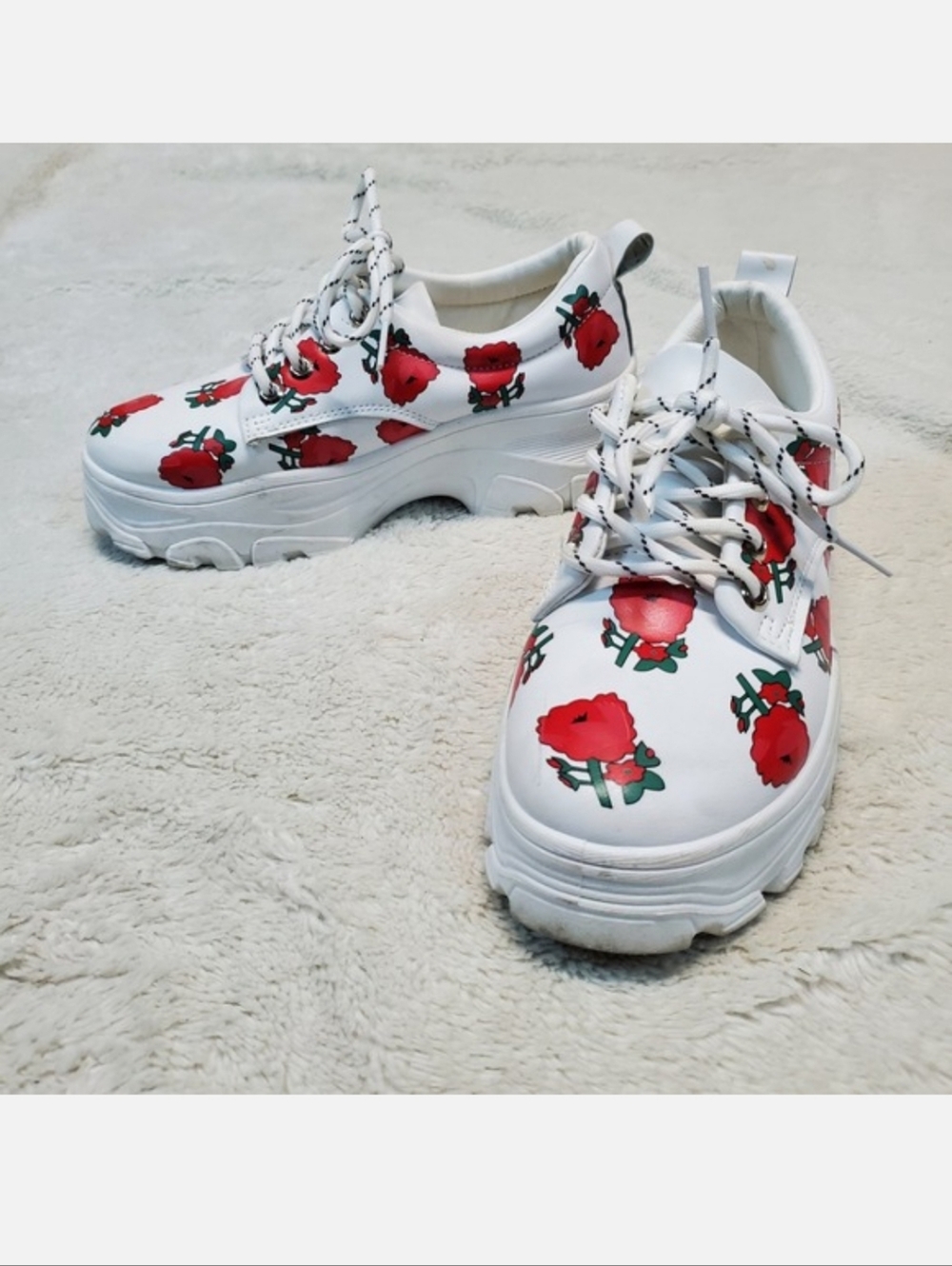 White Platform Red Rose Floral Cottagecore Preppy Romantic Coquette Shoes 37 6.5